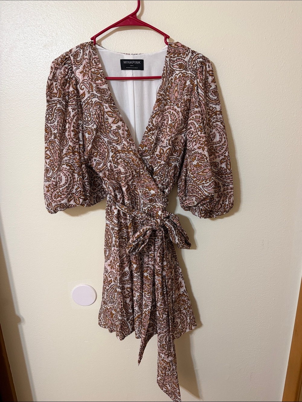 MINKPINK Pink and Brown Paisley Tie-Waist Wrap Dress